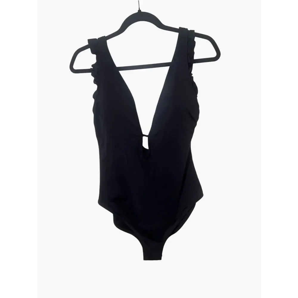 Kate Spade New York Women's XL Black Plunge Hamptons Ruffled One-Piece Swimsuit